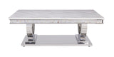 Acme - Zander Coffee Table 87355 White Printed Faux Marble Top & Mirrored Silver Finish