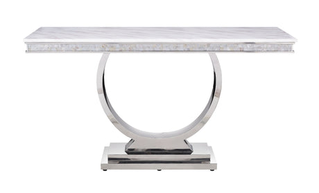 Acme - Zander Sofa Table 87359 White Printed Faux Marble Top & Mirrored Silver Finish