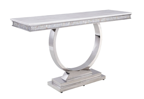 Acme - Zander Sofa Table 87359 White Printed Faux Marble Top & Mirrored Silver Finish