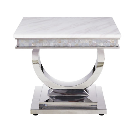 Acme - Zander End Table 87363 White Printed Faux Marble Top & Mirrored Silver Finish