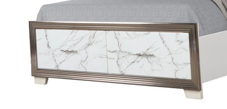 Desire King 4-Piece Bedroom Set – LED Upholstered Bed, Dresser, Mirror, and Nightstand with Marble-Inspired Accents and Sleek Metallic Trim for a Chic Modern Look(CA INVENTORY) - sold by Home Elegance USA
