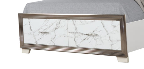 Desire Queen 5-Piece Bedroom Set – LED Upholstered Bed with Footboard Storage, Dresser, Mirror, Nightstand, and Chest in White & Marble Finish with Metallic Accents(NJ INVENTORY) - sold by Home Elegance USA