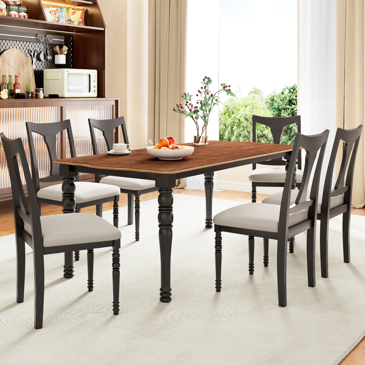 7-Piece Dining Table Set, 60inch to 78inch Extendable Wood Dining Table with Removable Leaf, Kitchen Table Set with 6 Upholstered Side Chair, Dining Table Set for 6