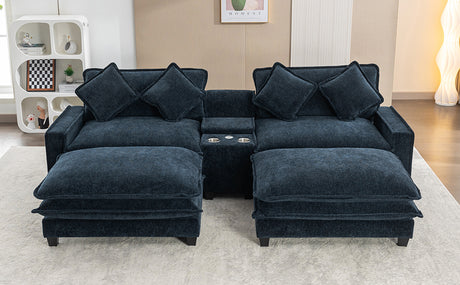 Contemporary Chenille Upholstered Sectional Sofa with Ottomans, USB Ports, Cup Holders & Storage, Blue - sold by Home Elegance USA