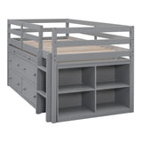 Twin Size Loft Bed with Retractable Writing Desk and 4 Drawers, Wooden Loft Bed with Lateral Portable Desk and Shelves, Gray - Home Elegance USA