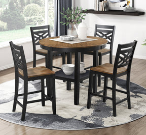 5pc Counter Height Dining Set Round Table with Storage and 4 Counter Height Chairs 2-Tone Black and Brown Finish Wooden Furniture - sold by Home Elegance USA