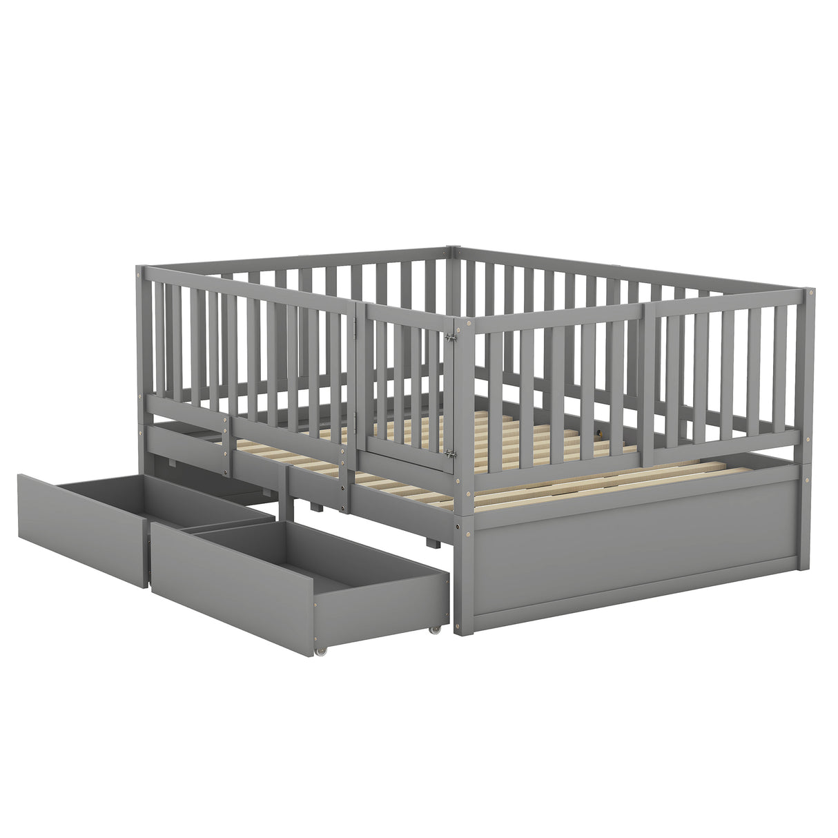 Full Size Wood Daybed with Fence Guardrails and 2 Drawers, Used as Independent Floor Bed & Daybed, Gray - Home Elegance USA