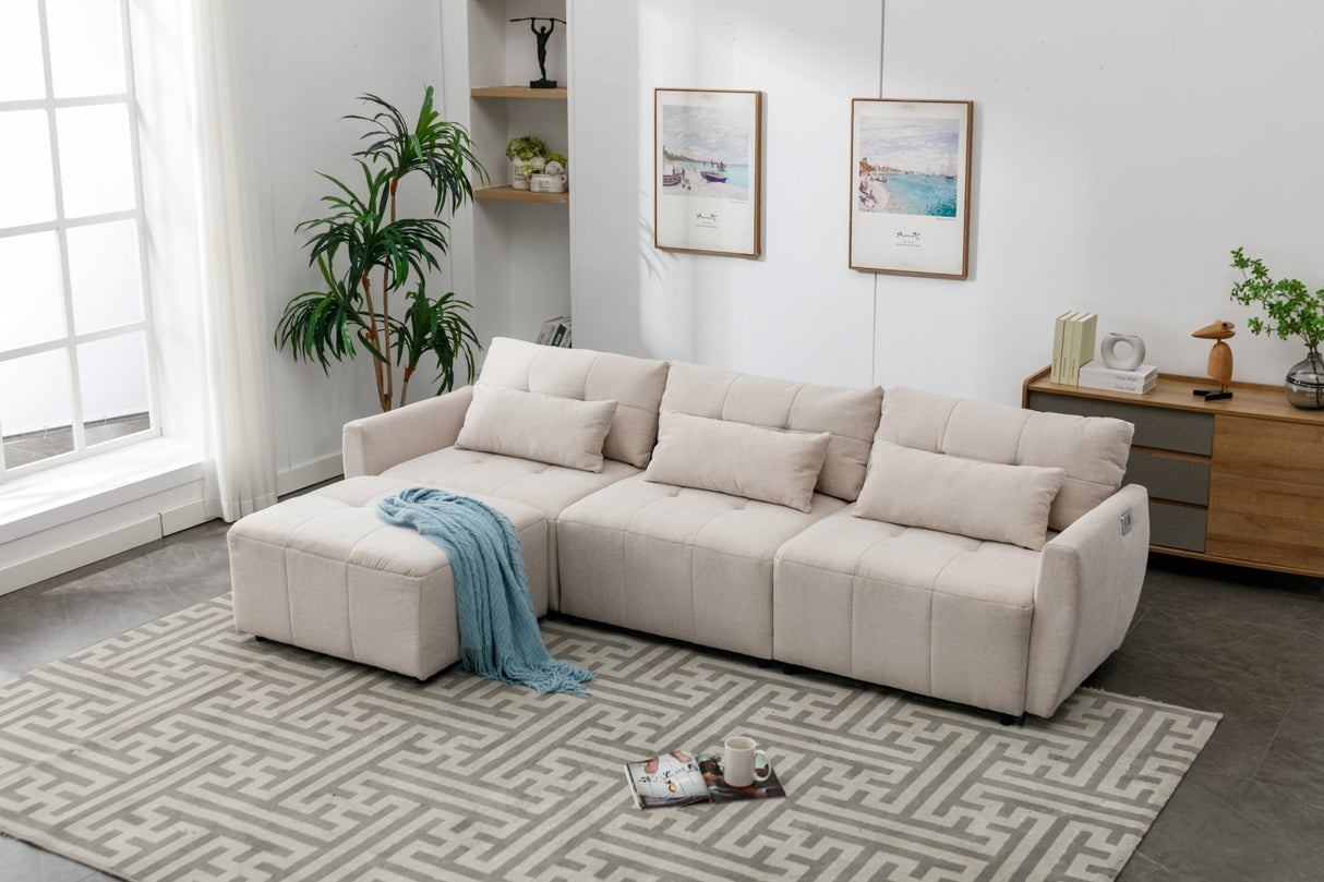 113.3" Convertible Sectional Sofa Couch 3 - Seat L - Shaped Sofa with Movable Ottoman and USB for Apartment, Living Room, Bedroom, Beige - SG000880AAA - image - 15