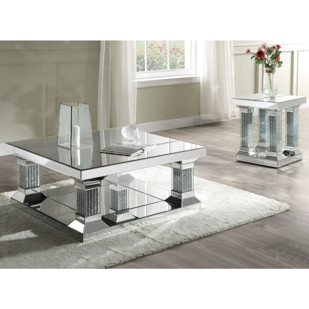 Acme - Noralie Coffee Table 87905 Mirrored, Faux Diamonds