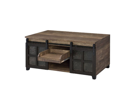 Acme - Nineel Coffee Table 87955 Obscure Glass, Rustic Oak & Black Finish