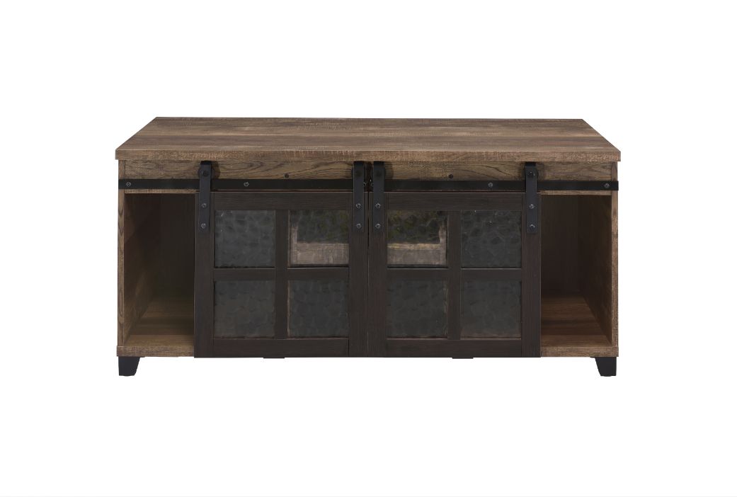 Acme - Nineel Coffee Table 87955 Obscure Glass, Rustic Oak & Black Finish