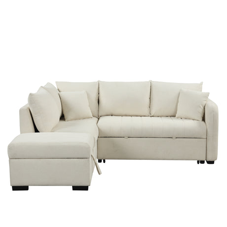 Modern L-shaped Sectional Pull Out Sofa Bed with USB Ports and Storage Ottoman, Beige, Jacquard Fabric, 82.6' - sold by Home Elegance USA
