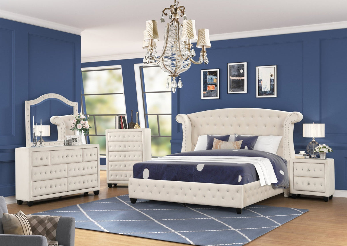 Queen 5 Pc Bedroom Set Made with Wood in Cream