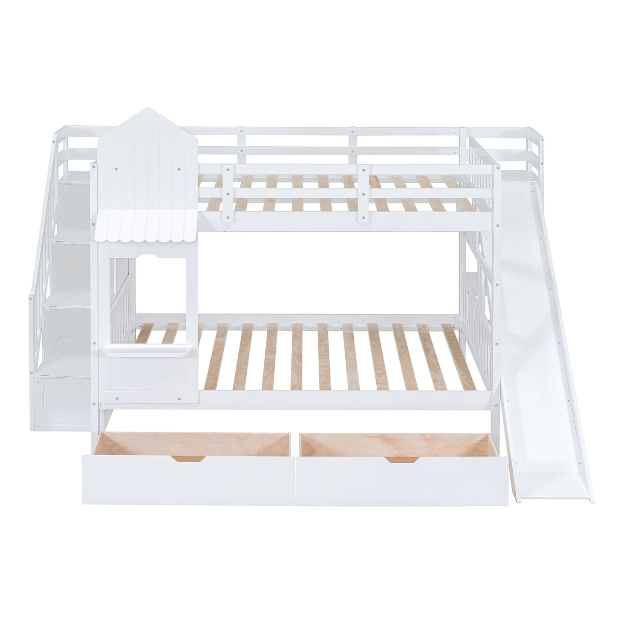 Full-Over-Full Castle Style Bunk Bed with 2 Drawers 3 Shelves and Slide - White - Home Elegance USA