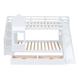 Full-Over-Full Castle Style Bunk Bed with 2 Drawers 3 Shelves and Slide - White - Home Elegance USA