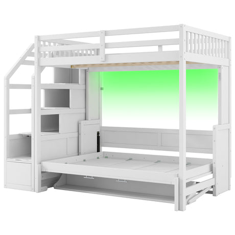 White Full XL Loft Bed with Storage Staircase, Murphy Bed, LED Light, Solid Pine and MDF, 101.2''L x 59.1''W x 73''H - sold by Home Elegance USA