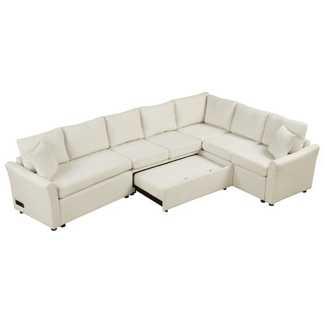 L-shaped Convertible Sofa Bed with USB Ports and Power Sockets, Beige Chenille Fabric, 124.8' Length - sold by Home Elegance USA