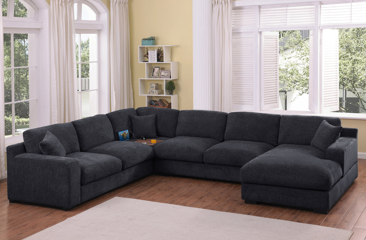 Celine 128'W Charcoal Chenille Fabric Corner Sectional Sofa with Right-Facing Chaise, Cupholders, and Charging Ports