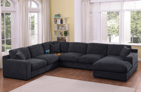 Celine 128'W Charcoal Chenille Fabric Corner Sectional Sofa with Right-Facing Chaise, Cupholders, and Charging Ports - sold by Home Elegance USA