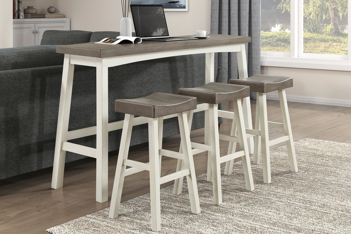 Transitional 4-Piece Pub Height Set, Table and Bar Stools White and Coffee Finish Solid Rubberwood Furniture