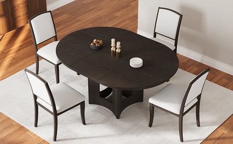TOPMAX Farmhouse Extendable Round Dining Table Set for 4, 5-Piece Kitchen Table Set with 4 Upholstered Chairs and 16inch Removable Leaf for Small Places, Espresso+Beige - sold by Home Elegance USA