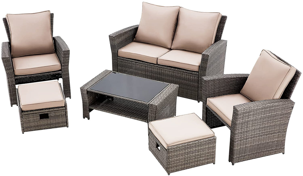 6 Piece Patio Furniture Set Outdoor Sectional Sofa Conversation Sofa Set with All-Weather Rattan Wicker for Porch Lawn Garden(Khaki) - Home Elegance USA