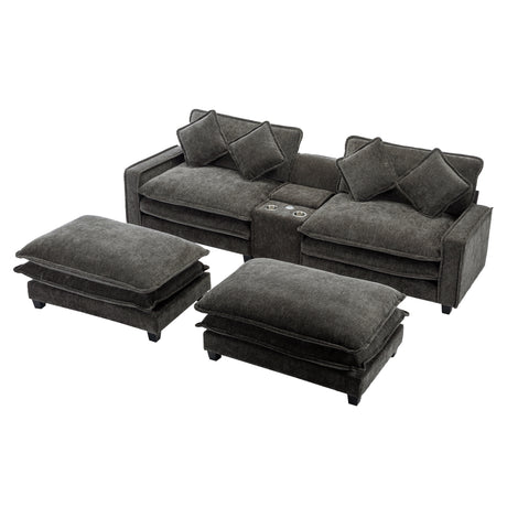 Modern Chenille Upholstered Sectional Sofa with Ottomans, USB Ports, Cup Holders, and Storage in Grey - sold by Home Elegance USA