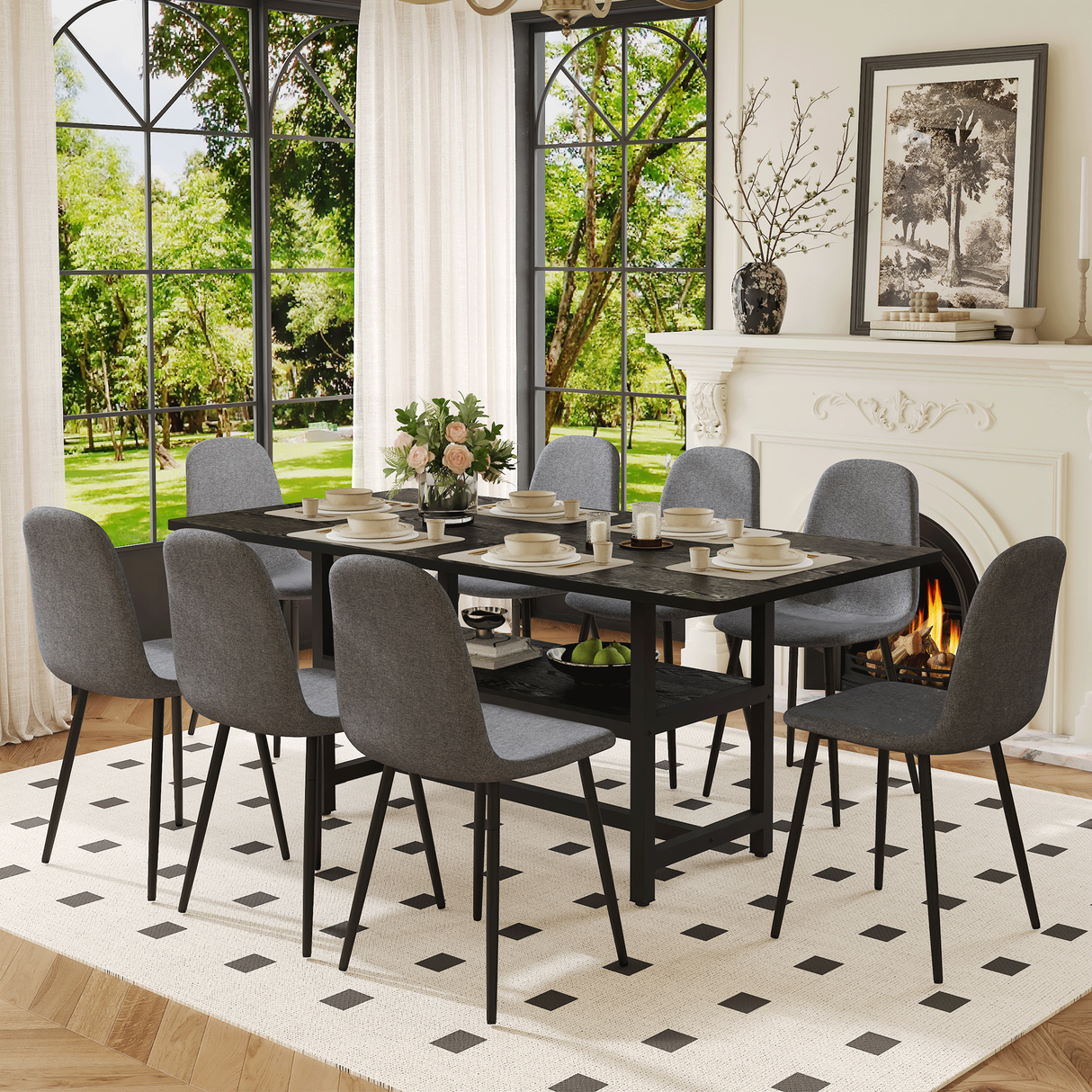 Juego de mesa y sillas. Mesa de comedor de grano negro empalmado de 71 x 35,4 pulgadas con función de almacenamiento en el medio de las patas de la mesa. Combina con 8 sillas de comedor de alta resiliencia de material de lino y algodón gris oscuro.