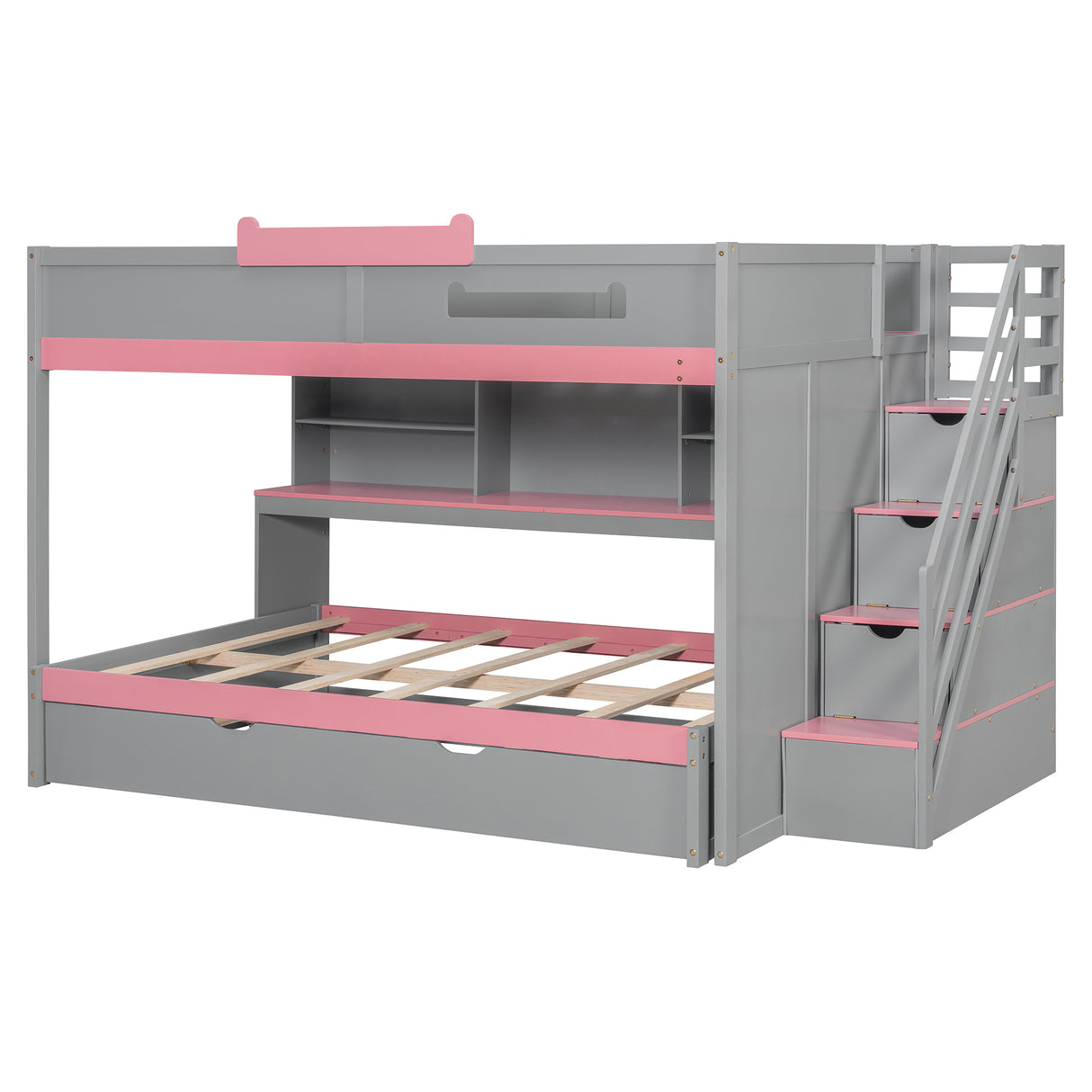 Full Over Full Bunk Bed with Twin Size Trundle and Staircase, Shelves, LED,Gray - sold by Home Elegance USA
