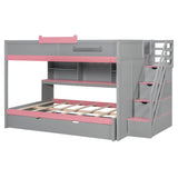 Full Over Full Bunk Bed with Twin Size Trundle and Staircase, Shelves, LED,Gray - sold by Home Elegance USA