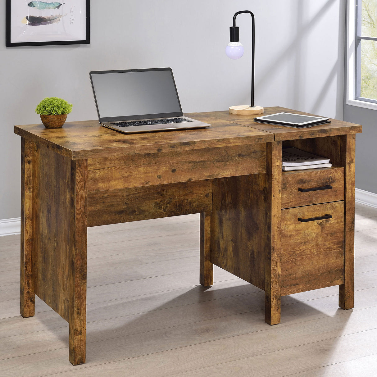 Lift Top Computer Desk - Delwin Lift Top Office Desk with File Cabinet Antique Nutmeg