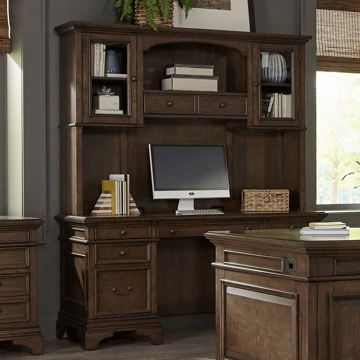 Credenza Desk W/ Hutch - Hartshill Credenza with Hutch Burnished Oak | Coaster | Home Elegance USA