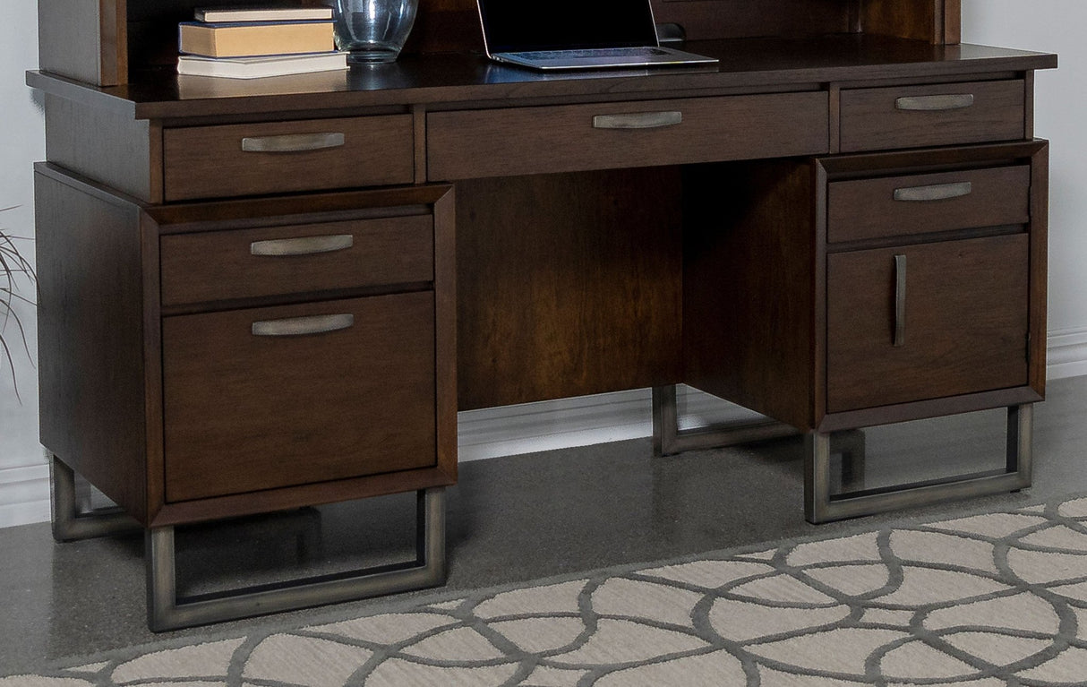 Credenza Desk - Marshall 5 - drawer Credenza Desk With Power Outlet Dark Walnut and Gunmetal | Coaster - 881292 - Home Elegance USA - 2