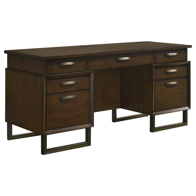 Credenza Desk - Marshall 5 - drawer Credenza Desk With Power Outlet Dark Walnut and Gunmetal | Coaster - 881292 - Home Elegance USA - 1