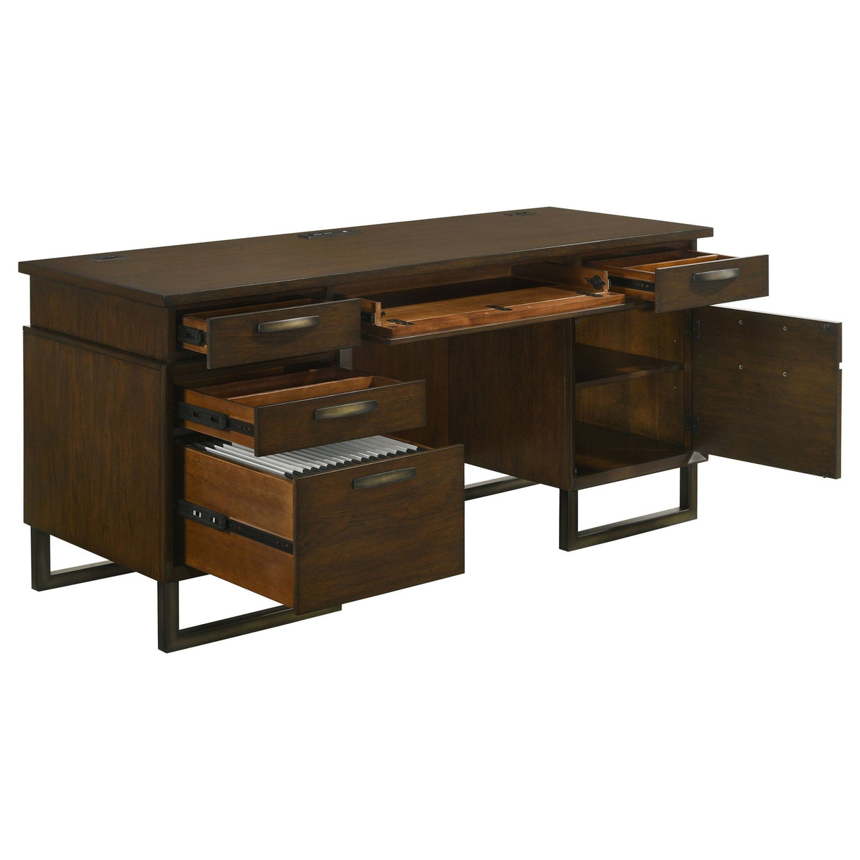 Credenza Desk - Marshall 5 - drawer Credenza Desk With Power Outlet Dark Walnut and Gunmetal | Coaster | Home Elegance USA