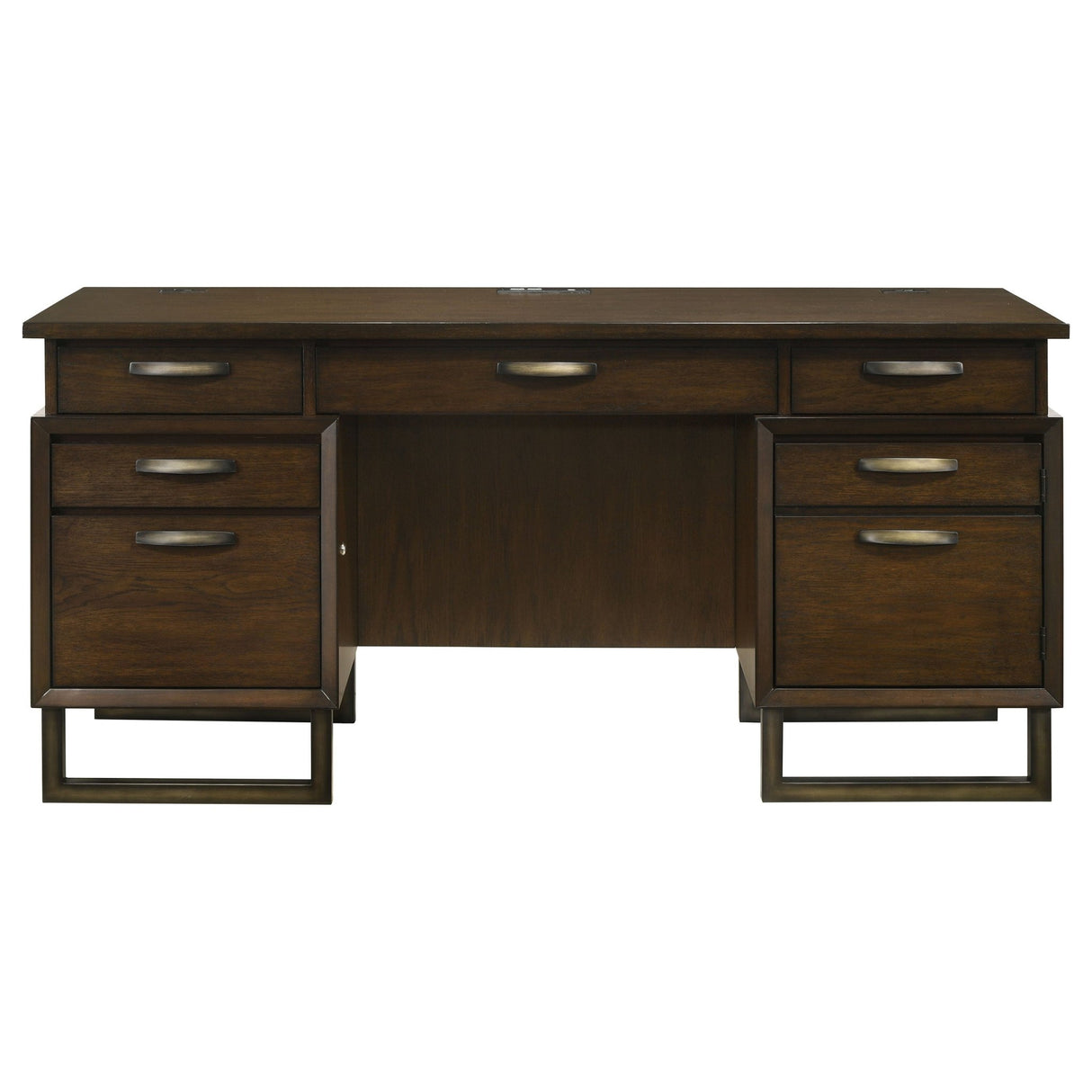 Credenza Desk - Marshall 5 - drawer Credenza Desk With Power Outlet Dark Walnut and Gunmetal | Coaster | Home Elegance USA