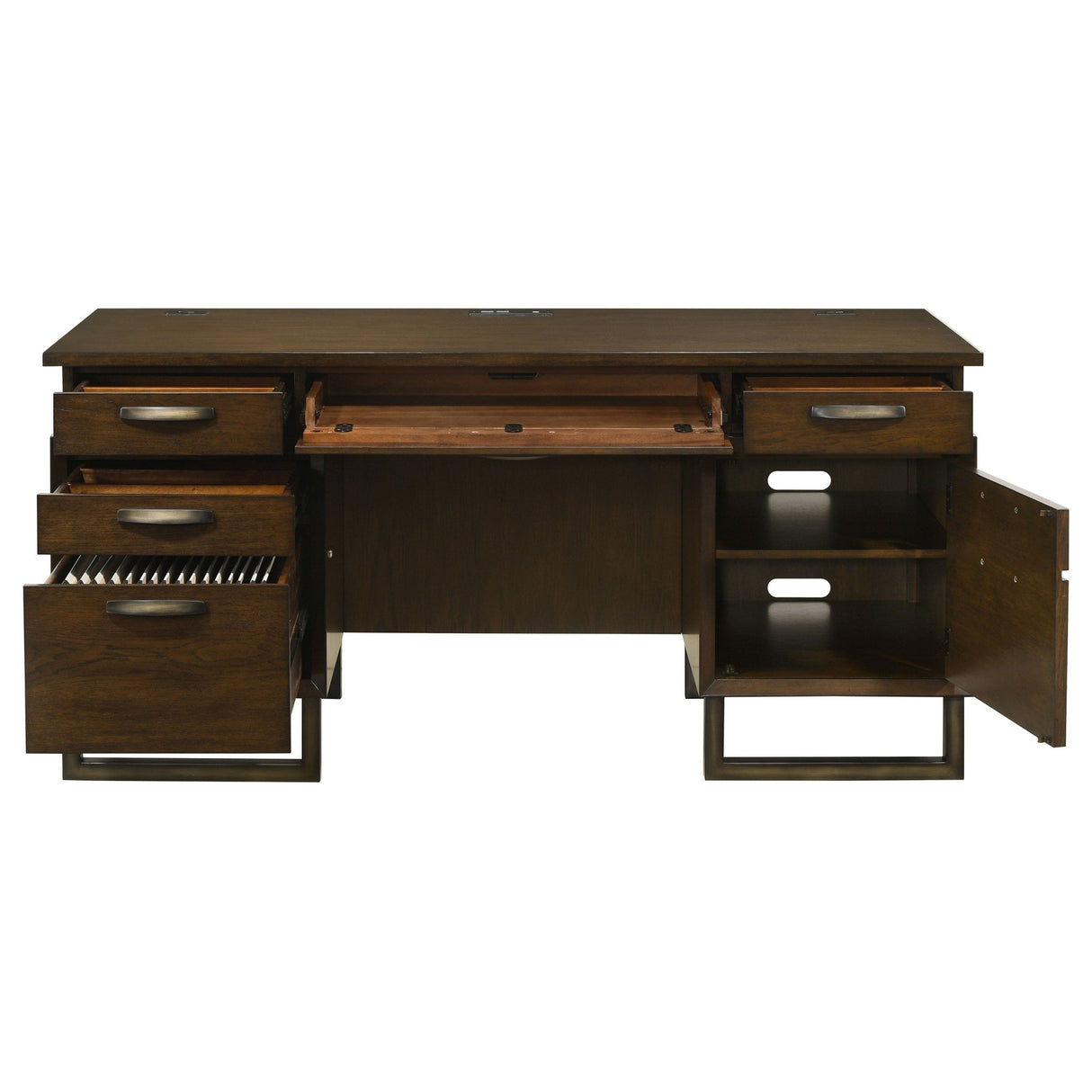 Credenza Desk - Marshall 5 - drawer Credenza Desk With Power Outlet Dark Walnut and Gunmetal | Coaster | Home Elegance USA