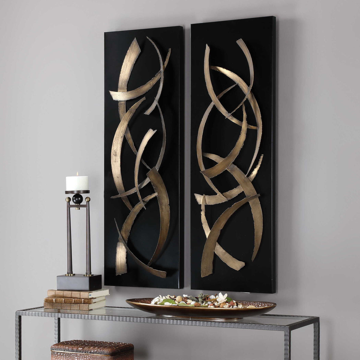 Brushstrokes Metal Wall Art (Set of 2) - Black / Yellow by Uttermost - View 3