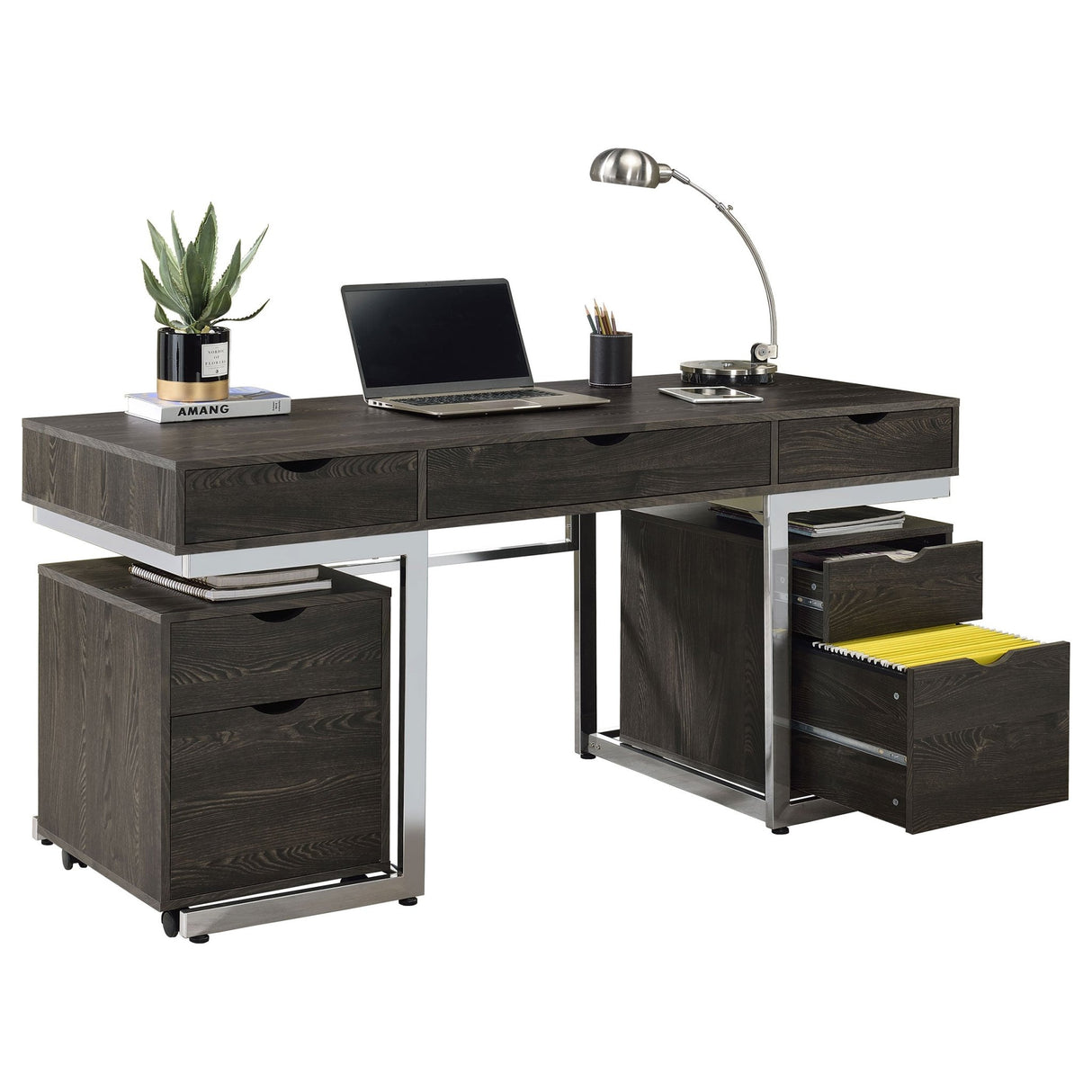 3 Pc Desk Set - Noorvik 3 - piece Writing Desk Set Dark Oak and Chrome | Coaster | Home Elegance USA