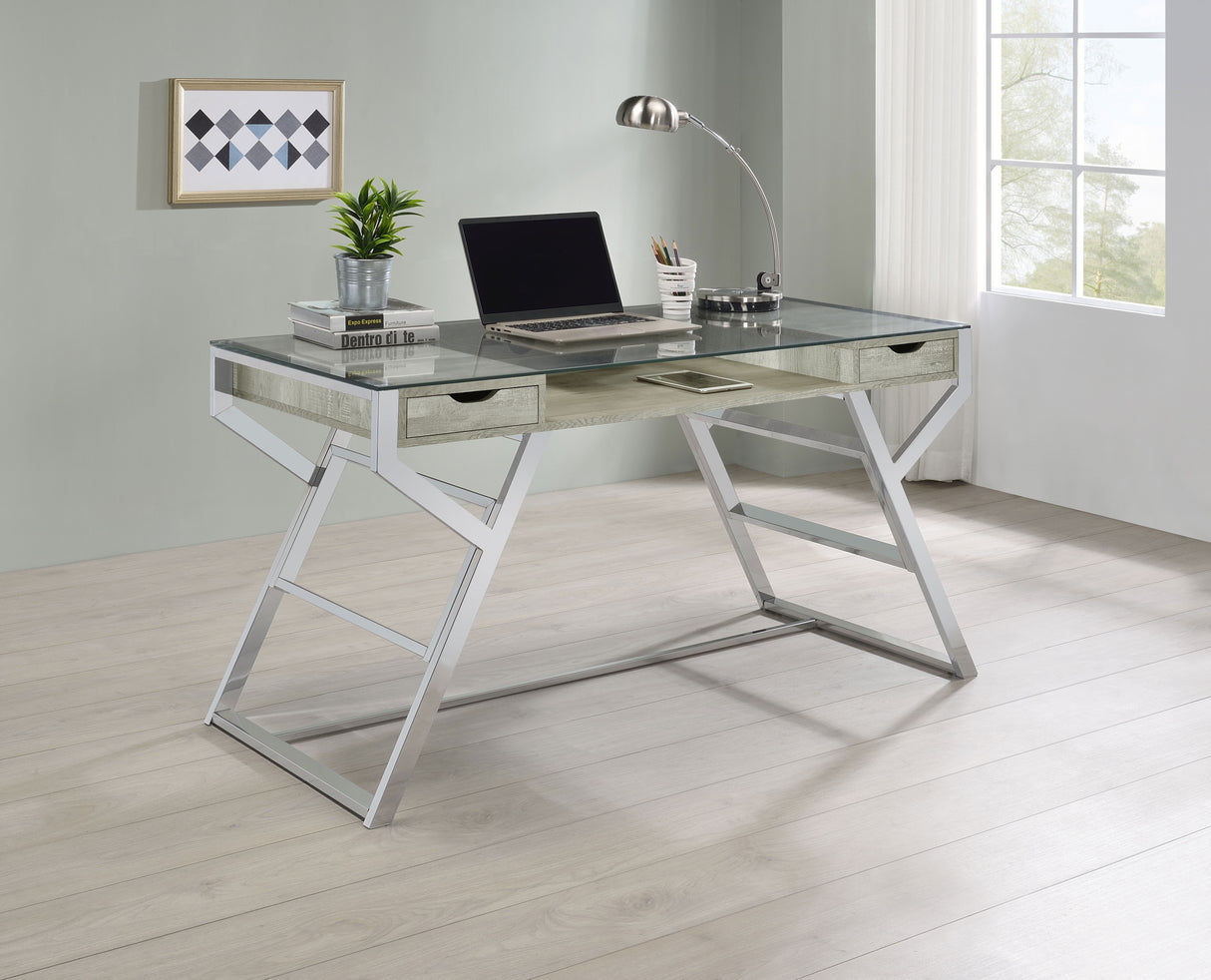 Writing Desk - Emelle 2-drawer Glass Top Writing Desk Grey Driftwood and Chrome