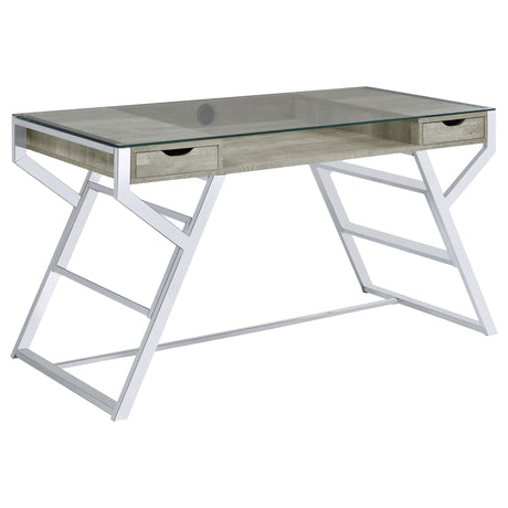 Writing Desk - Emelle 2-drawer Glass Top Writing Desk Grey Driftwood and Chrome