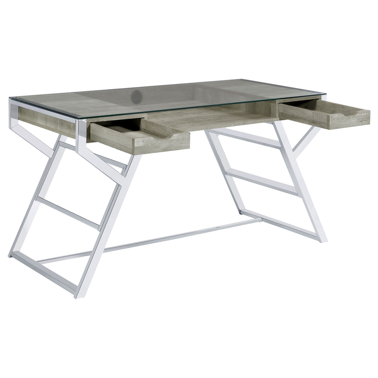 Writing Desk - Emelle 2-drawer Glass Top Writing Desk Grey Driftwood and Chrome