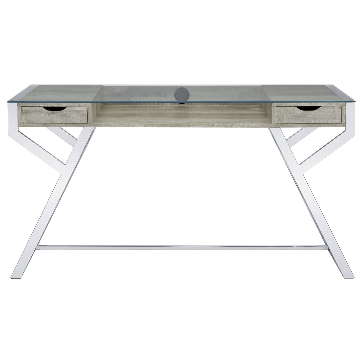 Writing Desk - Emelle 2-drawer Glass Top Writing Desk Grey Driftwood and Chrome