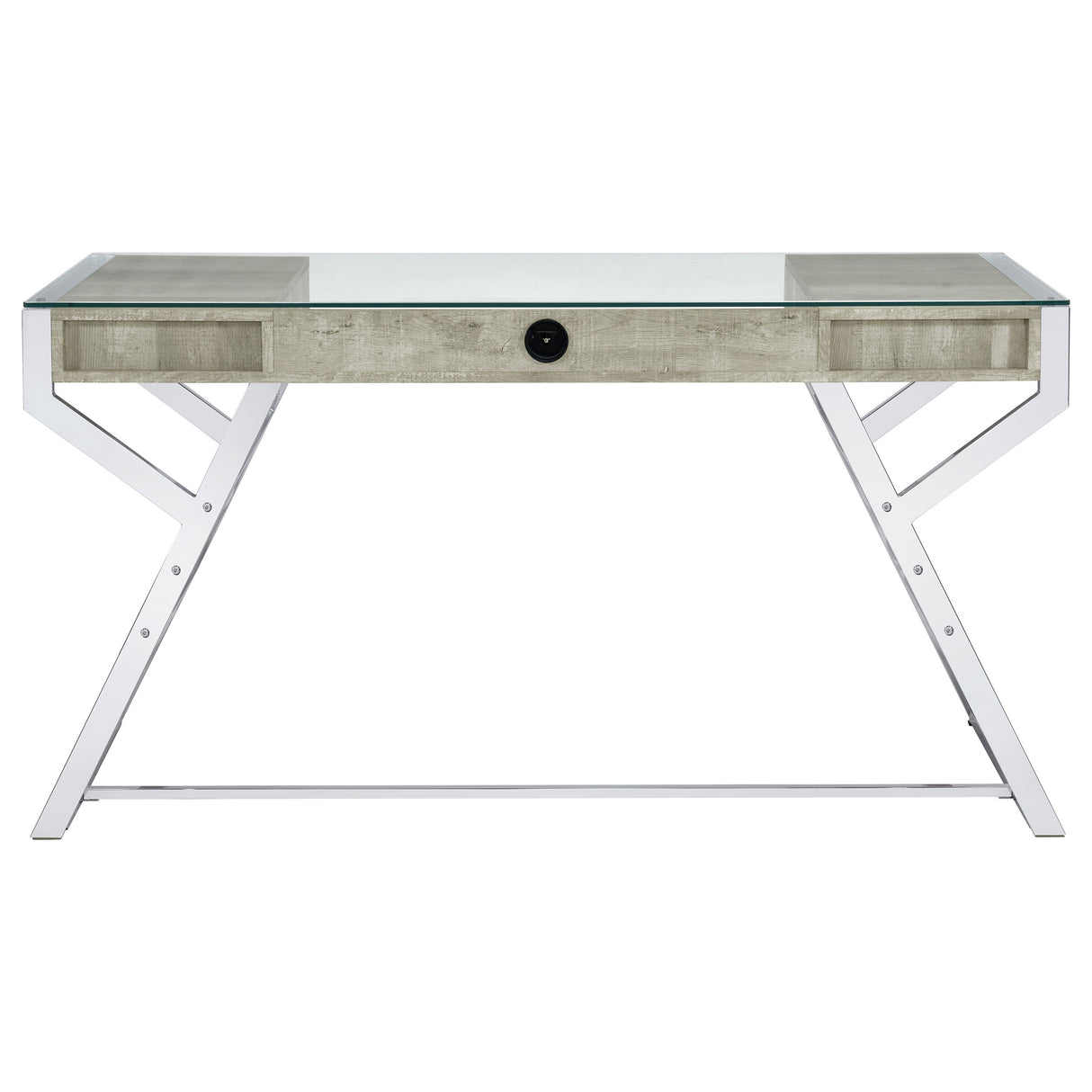 Writing Desk - Emelle 2-drawer Glass Top Writing Desk Grey Driftwood and Chrome