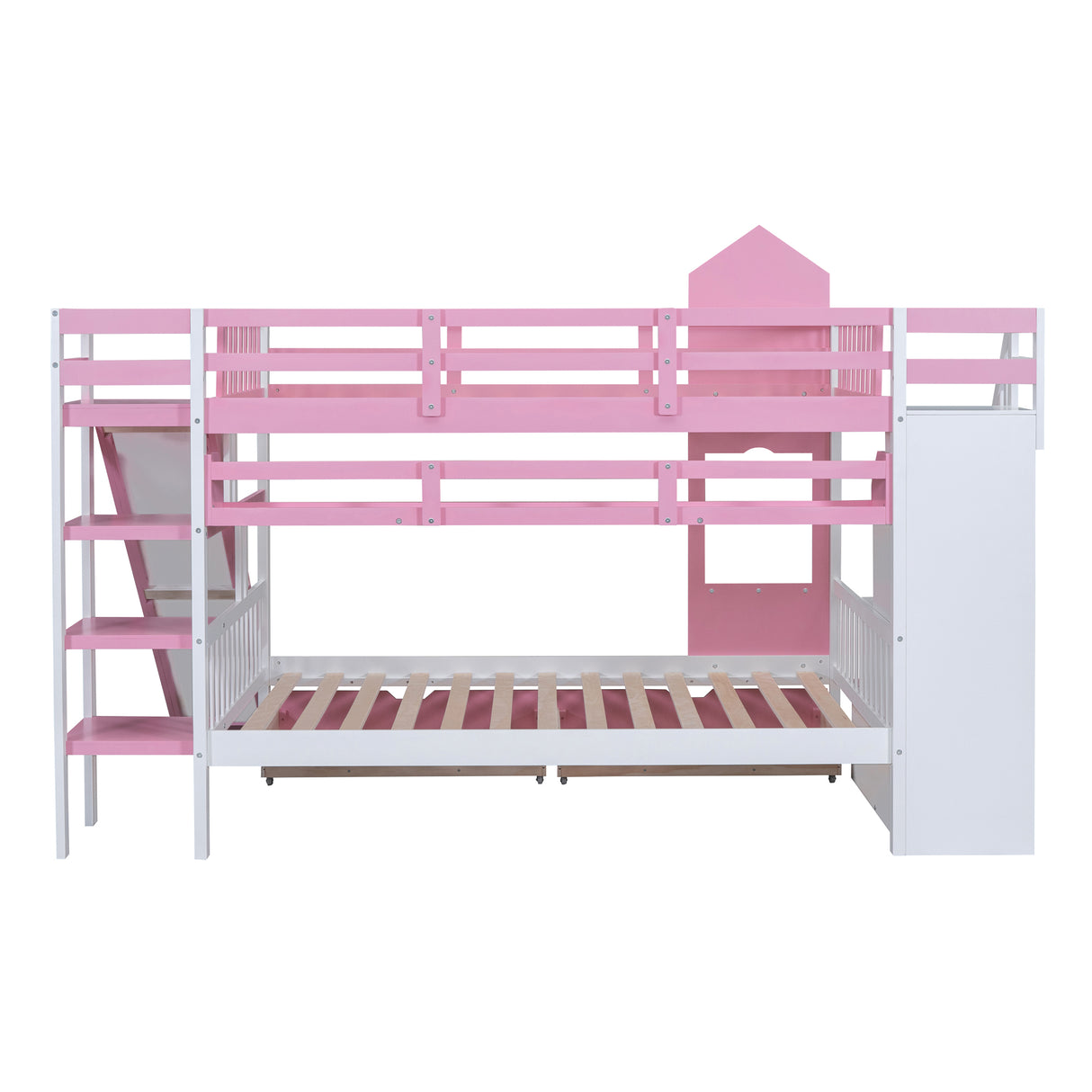 Full-Over-Full Castle Style Bunk Bed with 2 Drawers 3 Shelves and Slide - Pink - Home Elegance USA