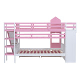 Full-Over-Full Castle Style Bunk Bed with 2 Drawers 3 Shelves and Slide - Pink - Home Elegance USA