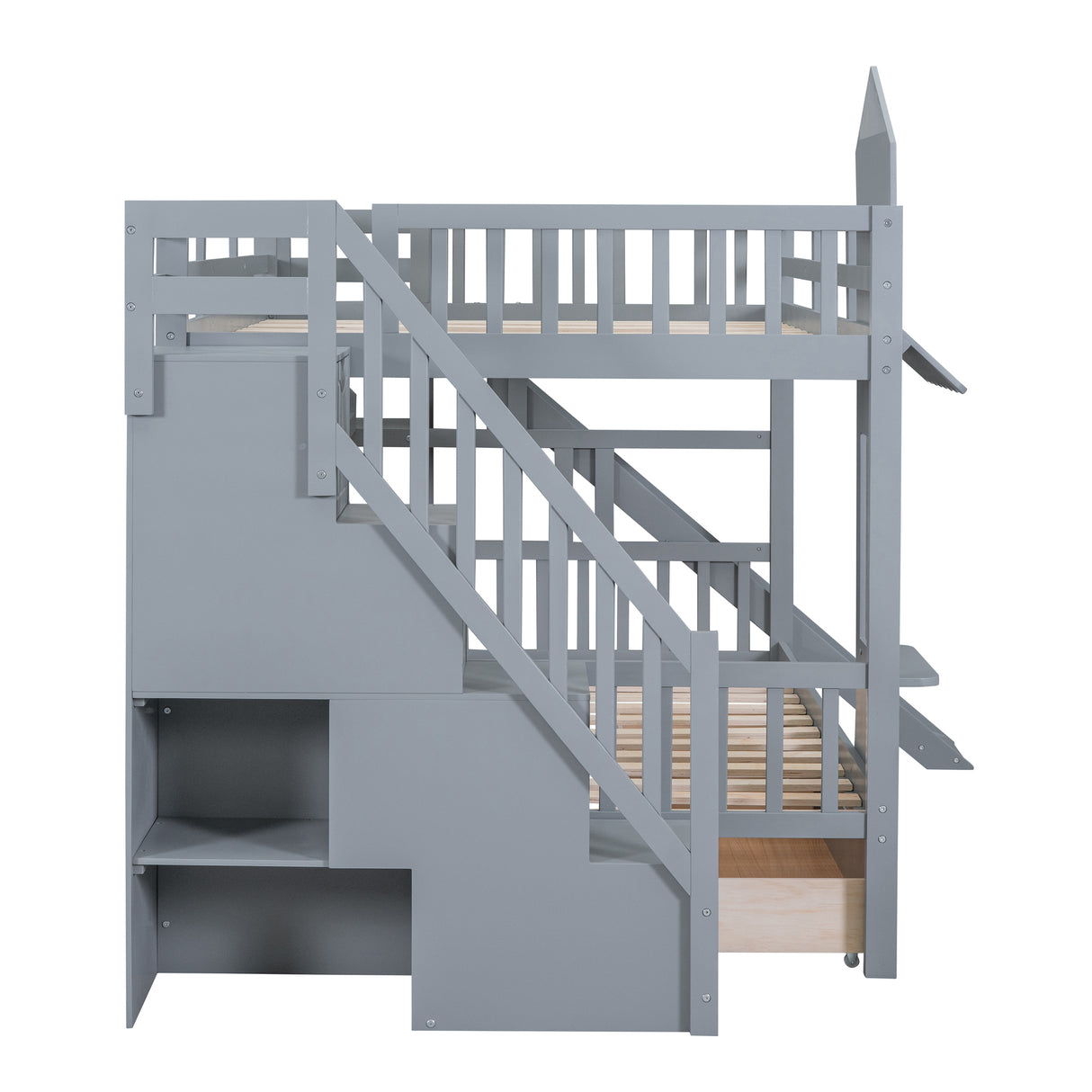 Full-Over-Full Castle Style Bunk Bed with 2 Drawers 3 Shelves and Slide - Gray - Home Elegance USA