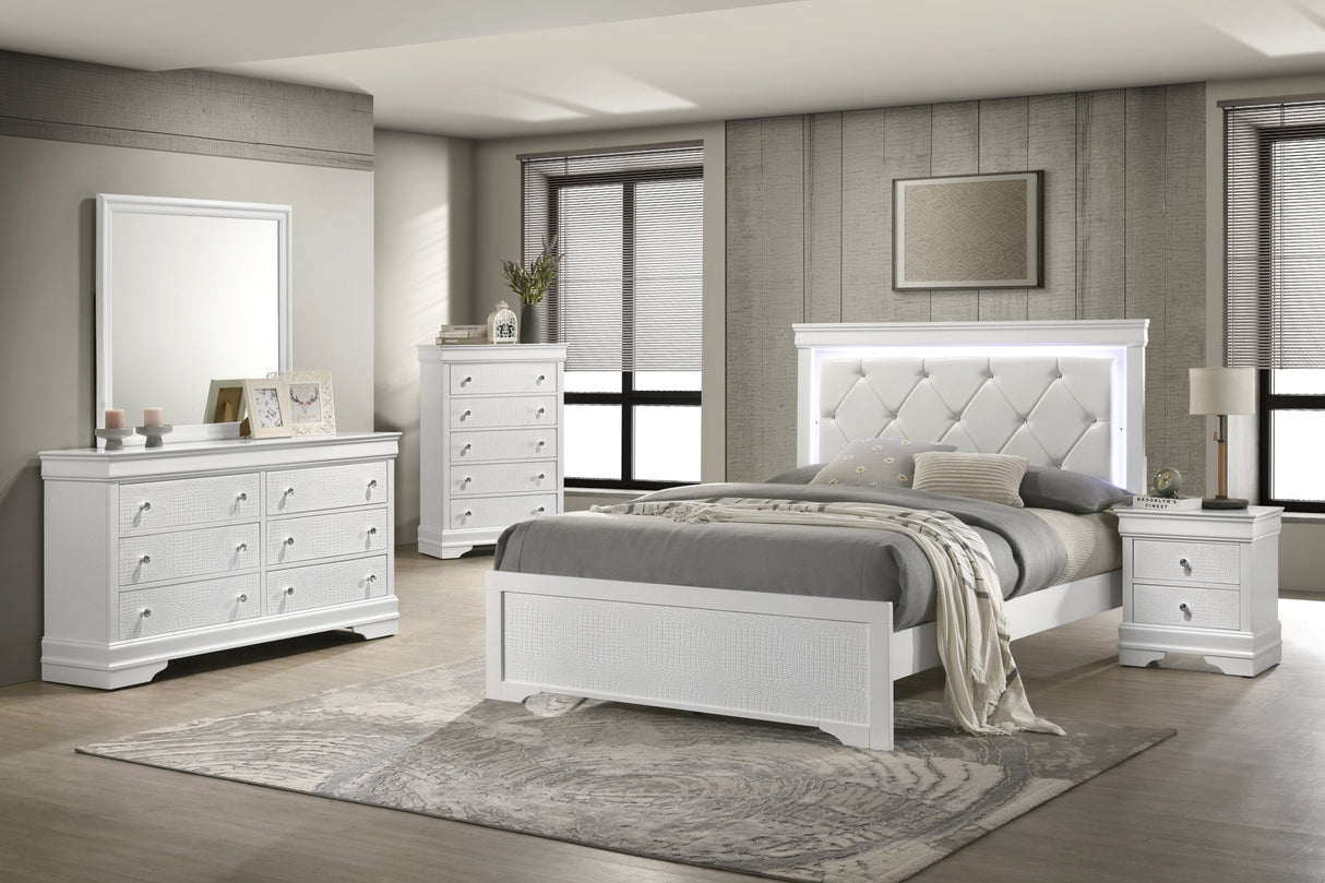 Blaze Upholstered Modern Style 5 Pc Full Bedroom Set with LED Headboard Made with Wood in White