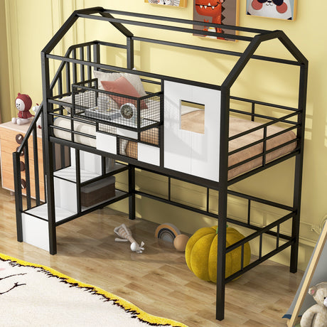 Metal Loft Bed with roof design and a storage box, Twin, Black