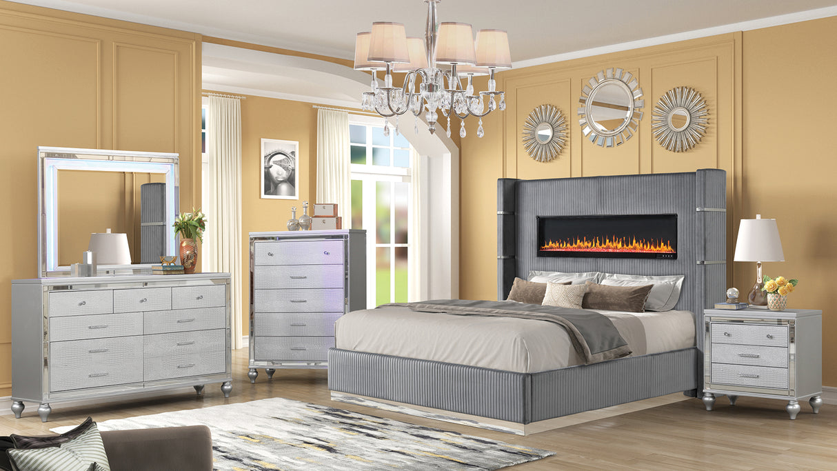 LIZZELLE Upholstery Wooden Queen 5 PC Bedroom set with Ambient lighting in Gray Velvet Finish(CA INVENTORY)